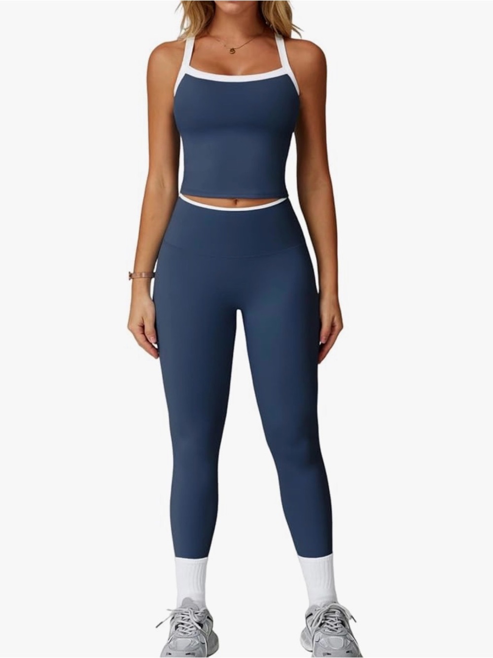 Navy High-Waist Leggings & Contrast Trim Crop Tank Set